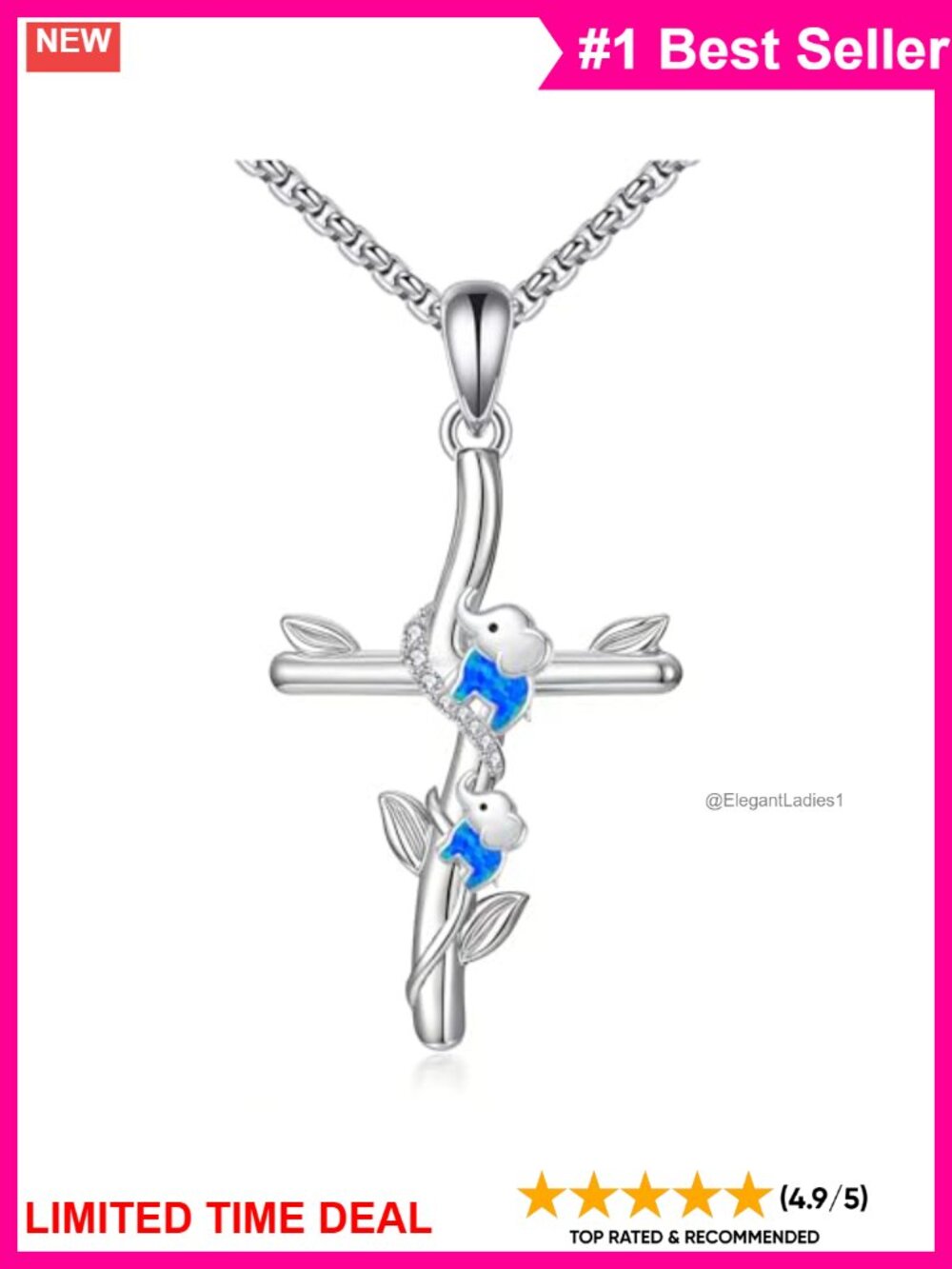 925 Sterling Silver Elephant Cross Pendant Necklace Adjustable 22in